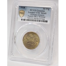 GERMANY 1918 . FIFTY 50 PFENNIG COIN . ERROR . DOUBLE STAMP CROSS and LEGEND